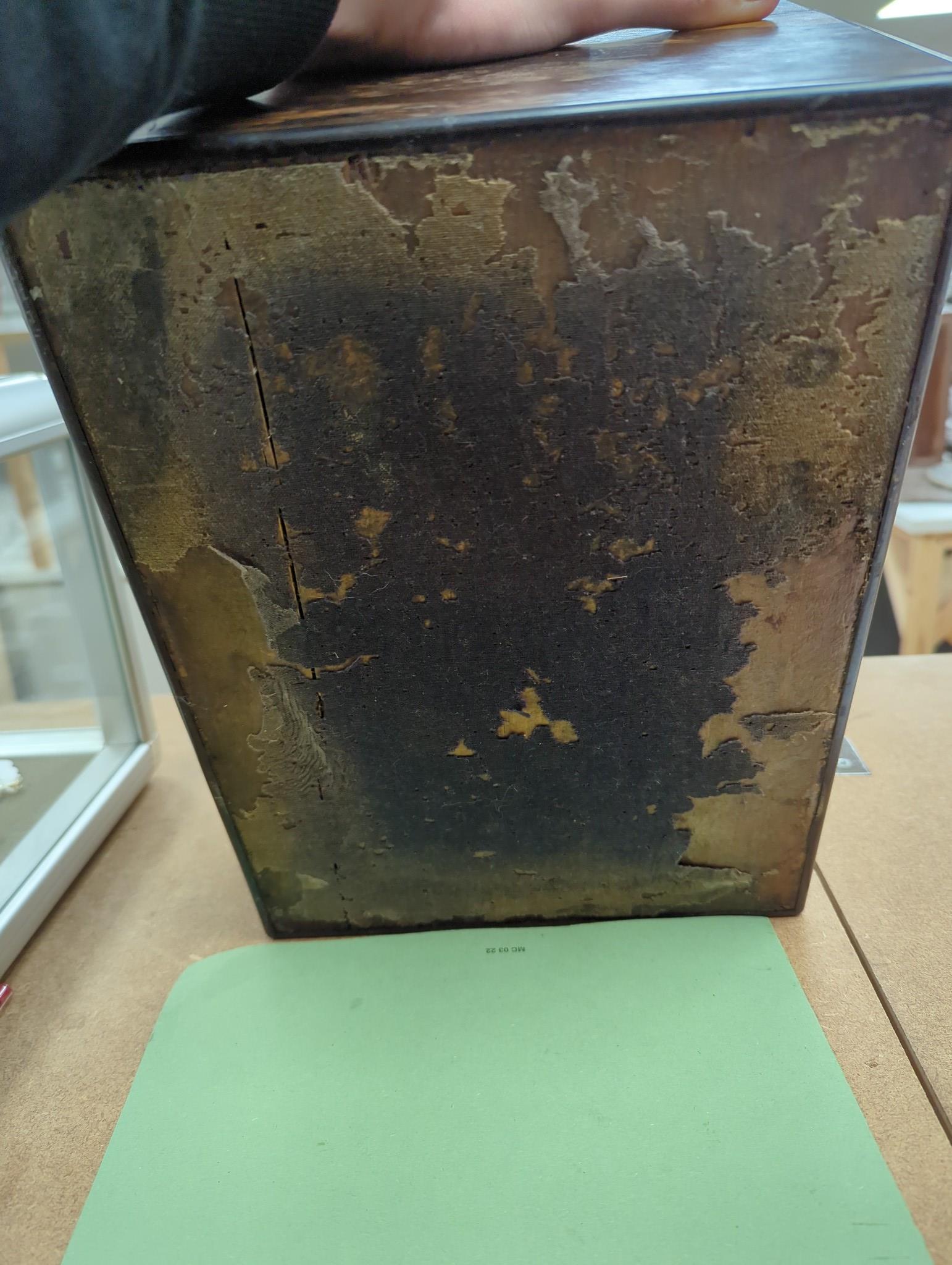 A Victorian brass mounted coromandel wood travelling toilet box, containing eight silver mounted glass toilet jars, all with engraved monogram, Frances Douglas, London, 1851, box width 30.5cm (incomplete and a.f.).